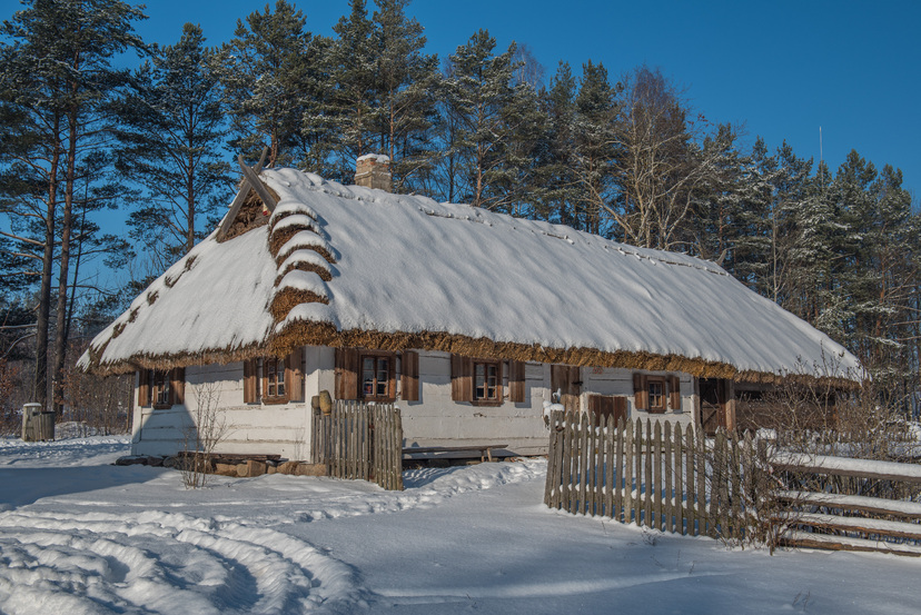 Biała drewniana wiejska chałupa. Jej dach pokryty jest śniegiem