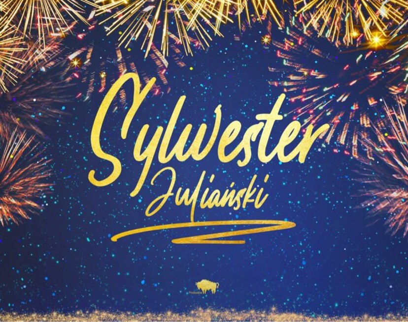 Grafika z napisem "Sylwester Juliański". Na niebieskim tle fajerwerki oraz gwiazdy.