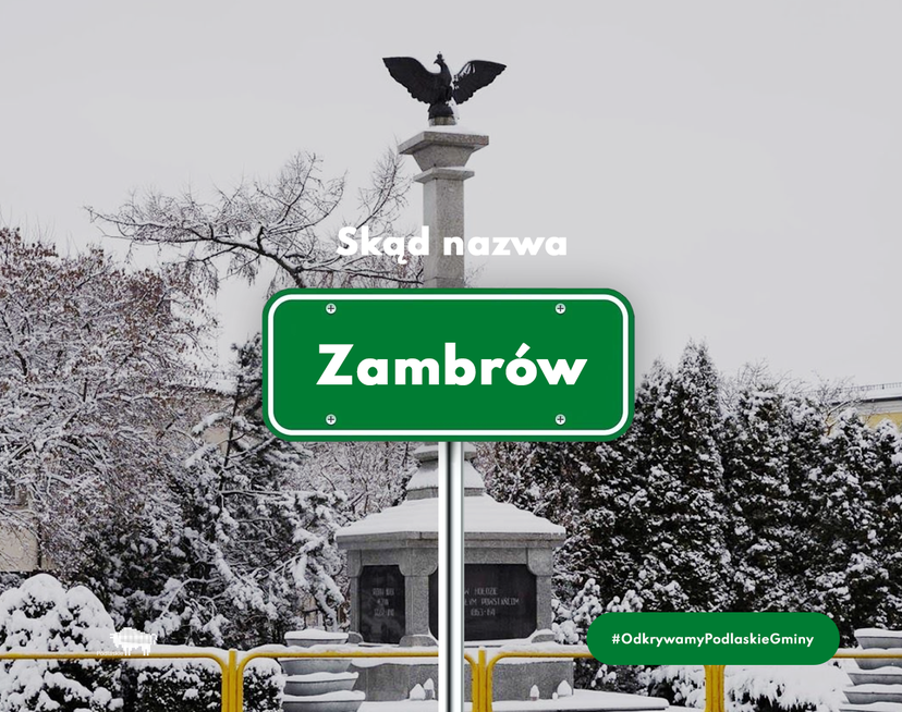 Zdjęcie ośnieżonego pomnika na którym znajduje się grafika Skąd nazwa Zambrów