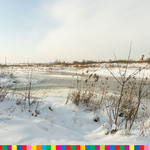 Widoczna zaśnieżona łąka oraz rzeka