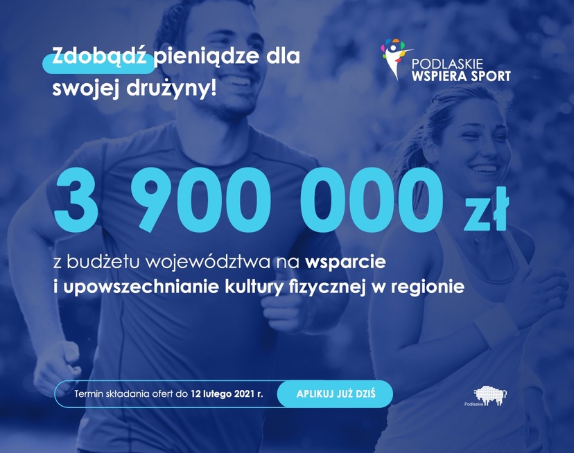 Grafika informująca o przekazaniu 3,9 mln zł dotacji na wsparcie kultury fizycznej w regionie.