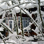 Fragment chaty z gankiem i krzewy pokryte śniegiem.