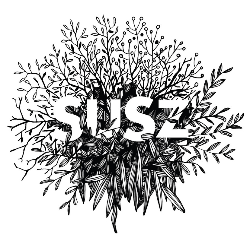 Logo zespołu SUSZ. Grafika: wiązka zasuszonych roślin i napis SUSZ