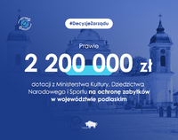 Grafika z napisem 2 mln 200 tys. dotacji z ministerstwa kultury na ochronę zabytków w Podlaskiem