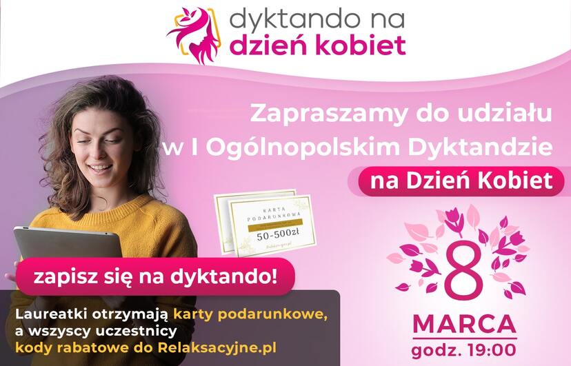 Plakat zapraszający do udziału w Dyktandzie na Dzień Kobiet.