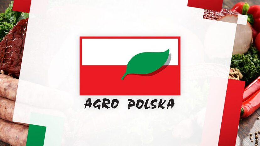 Grafika programu Agro Polska. Na biało-czerwonej fladze zielony listek i napis AGRO POLSKA.