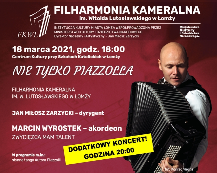 Grafika informująca o występie wirtuoza akordeonu w Łomżyńskiej Filharmonii