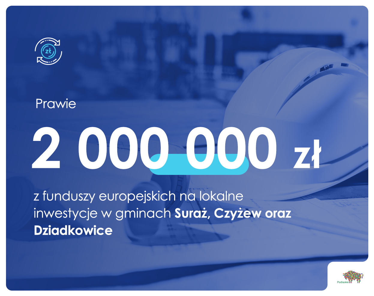 Grafika informująca o przekazaniu 2 mln zł z dotacji unijnych na lokalne inwestycje w gminach Suraż, Czyżew oraz Dziadkowice