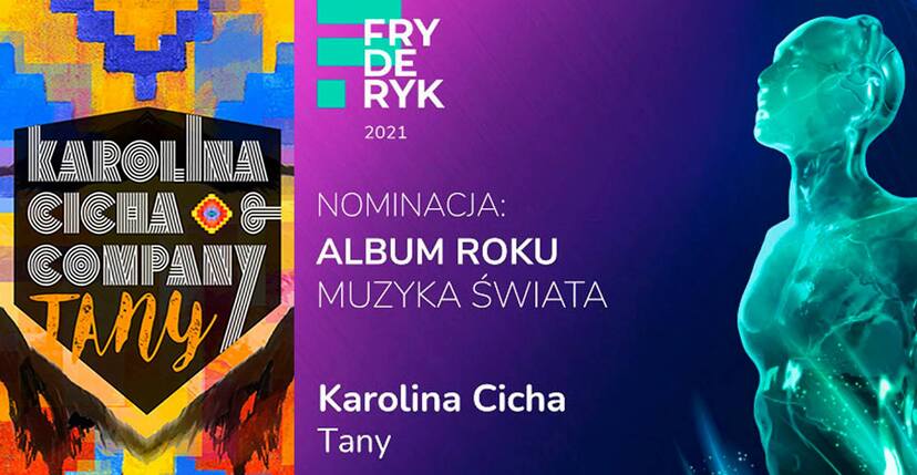 Grafika informująca o nominacji artystki Karoliny Cichej do nagrody Fryderyki w kategorii "Muzyka Świata"