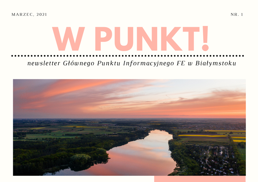 Fragment pierwszej strony newslettera W Punkt! z fotografią rzeki na tle zachodzącego słońca.