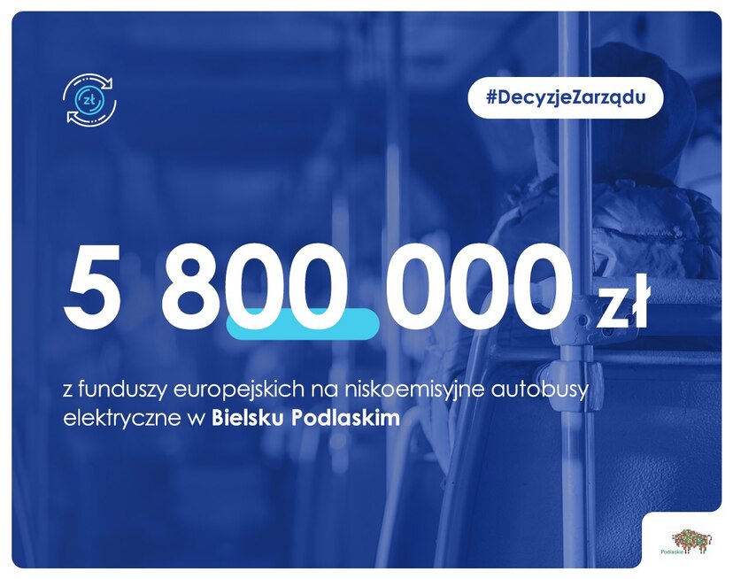 Plansza z kwotą 5,8 mln zł na zakup autobusów elektrycznych w Bielsku Podlaskim.