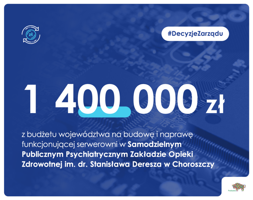 Informacja o dotacji 1,4 mln zł dla szpitala w Choroszczy.