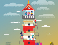 Rysunek przedsatwiający wieżę ułożoną z książek. Dostawione drabiny, po których wspinają sie dzieci - fragment plakatu.