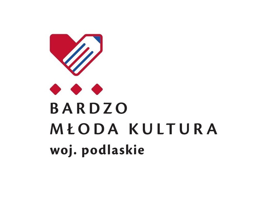 W lewym rogu serce z narysowanych kredek. Pod spodem napis: Bardzo Młoda Kultura woj. podlaskie.