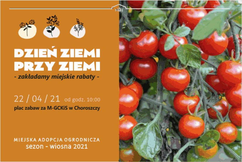 Grafika ukazująca wiszące pomidory oraz informację o wydarzeniu na czerwonym tle