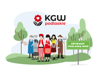 Infografika, na której jest rysunek ilustrujący ludzi ze wsi oraz logotyp KGW Podlaskie