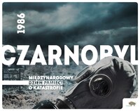 1988 Czarnobyl. Międzynarodowy Dzień Pamięci o Katastrofie. U dołu zdjęcie maski gazowej.