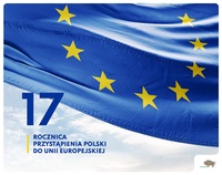 Flaga Unii Europejskiej z napisem 17. rocznica przystąpienia Polski do Unii Europejskiej