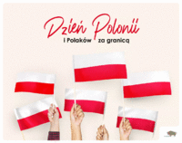 Uniesione dłonie w górze trzymające flagi i napis "Dzień Polonii i Polaków za granicą"