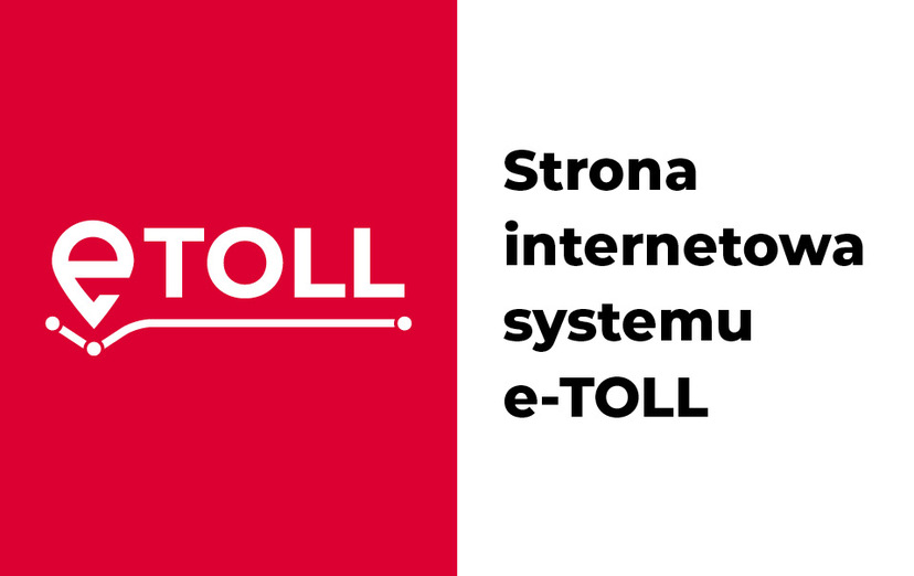 Napis "e-toll" na czerwonym tle. Po prawej "strona internetowa systemu e-TOLL" na białym tle