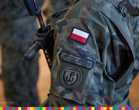 Mundur żołnierza, na którym widoczna jest odznaka oraz flaga biało-czerwona. Wystaje karabin