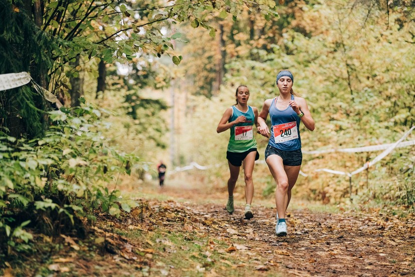 Dwóch biegaczy biegnie leśną trasą
