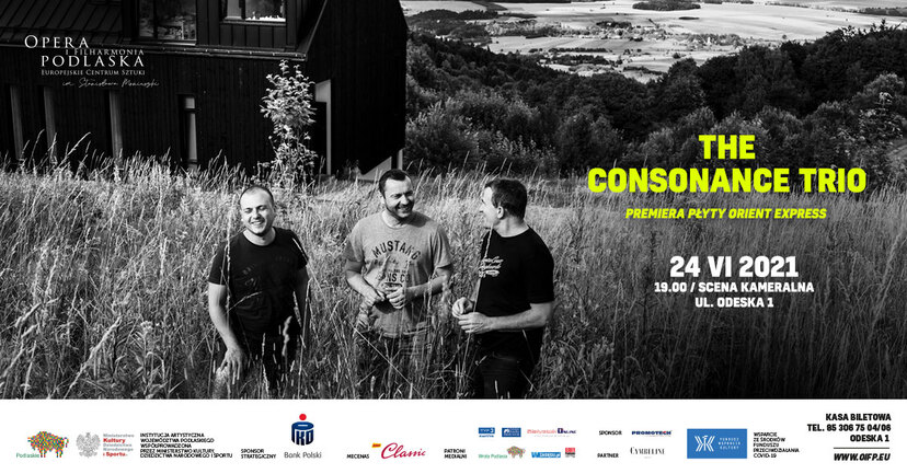 czarno-białe zdjęcie zespołu z informacjami o koncercie zespołu The Consonance Trio w OiFP