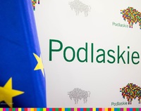 Napis: Podlaskie na ściance z miniaturowymi żubrami z pikseli. Po lewej fragment flagi unii europejskiej.