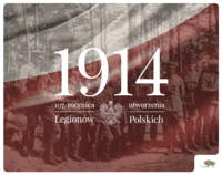 biało-czerona flaga z napisem 1914 - 107. rocznica utworzenia Legionów Polskich