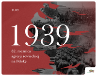 Widoczna czerwień oraz czarno-białe fotografie z żołnierzami armii czerwonej i napisy
