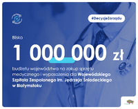 Na niebieskim tle napis: blisko 1 000 000 z budżetu województwa na zakup sprzętu medycznego.