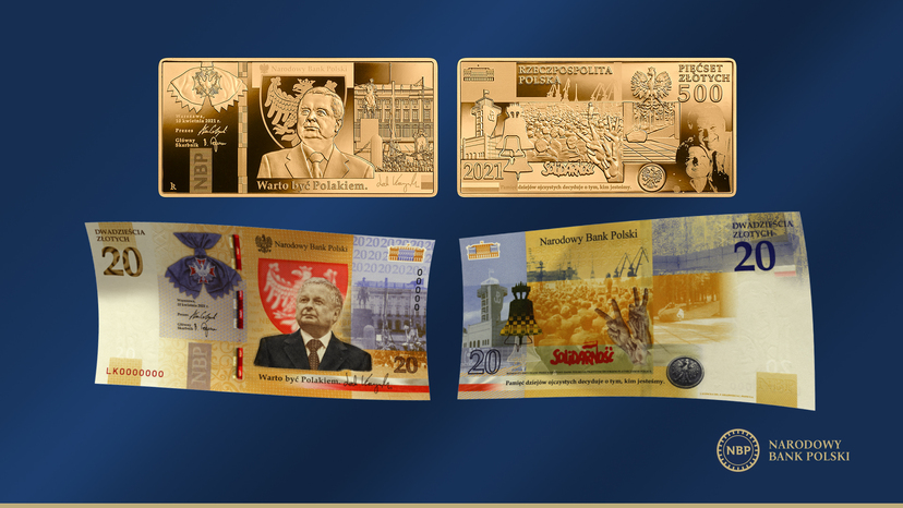Moneta kolekcjonerska i banknot z wizerunkiem Lecha Kaczyńskiego