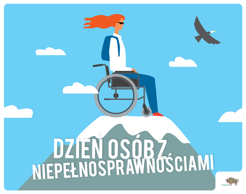 ilustracja osoby na wózku inwalidzkim na szczycie góry z napisem Dzień Osób z Niepełnosprawnościami