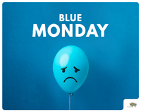 Niebieski balon narysowanymi oczyma i ustami prezentującymi smutną minę.