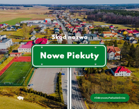 zdjęcie miejscowości Nowe Piekuty zrobione dronem. Na zdjęciu znajduje się napis Skąd nazwa Nowe Piekuty?