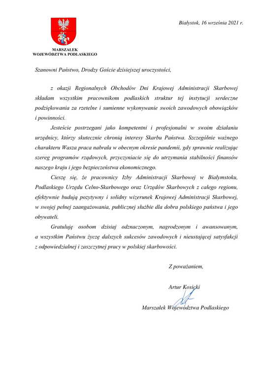 List marszałka Artura Kosickiego