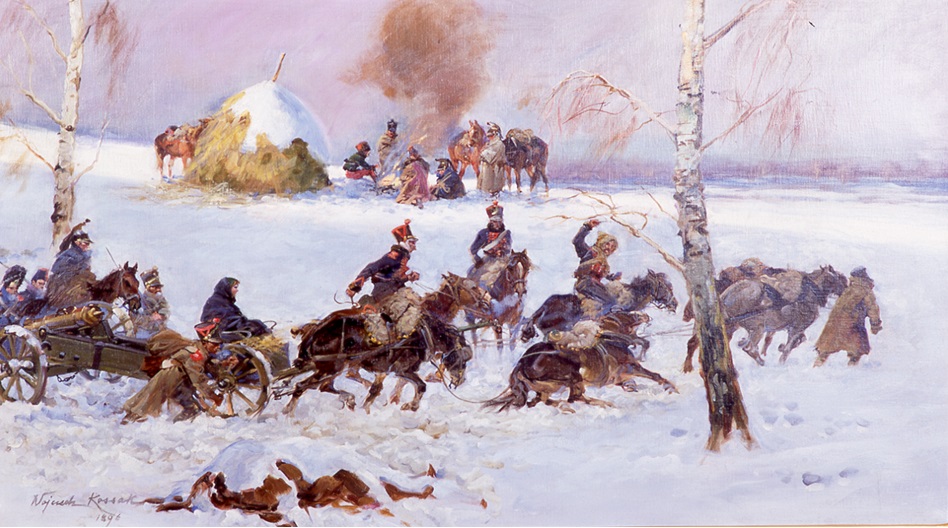 Reprodukcja obrazu. Żołnierze na koniach pędzą po śniegu