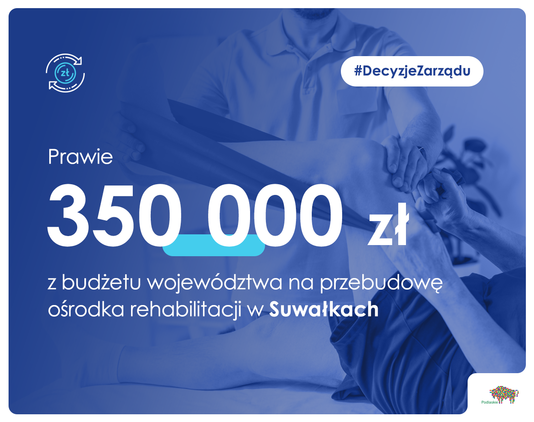 Napis 350 000 zł z budżetu województwa na przebudowę ośrodka rehabilitacji w Suwałkach