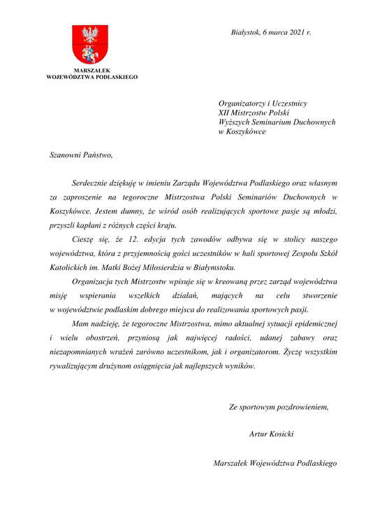 Treść listu marszałka Artura Kosickiego do zebranych