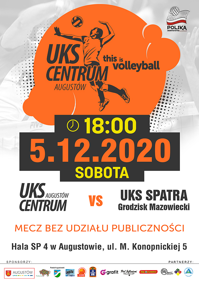 Plakat informujący o meczu pomiędzy UKS Augustów Centrum i UKS Sparta Grodzisk Mazowiecki 